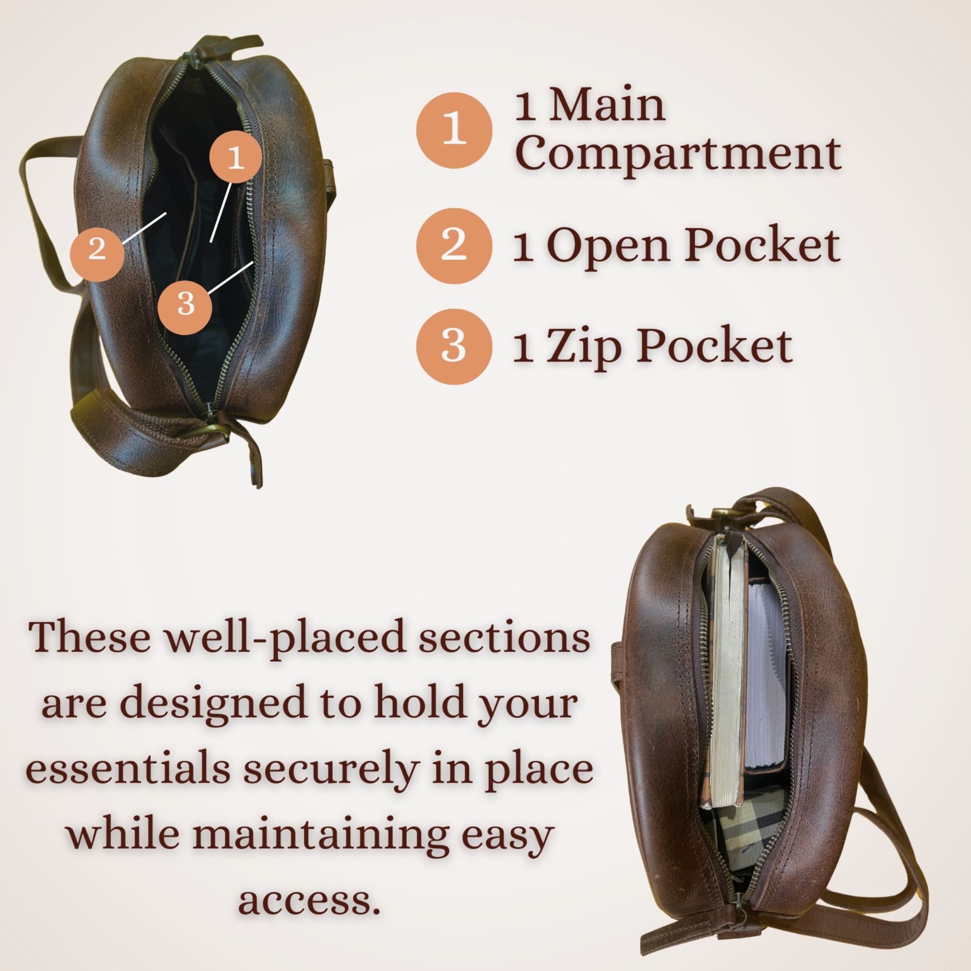 Crossbody Purse Buffalo Leather Hobo Women Semi Circle Zipper Brown Bag